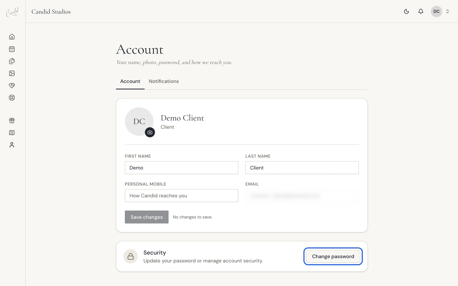 The Account page in the client portal showing fields for name, photo, mobile, email and a Security section