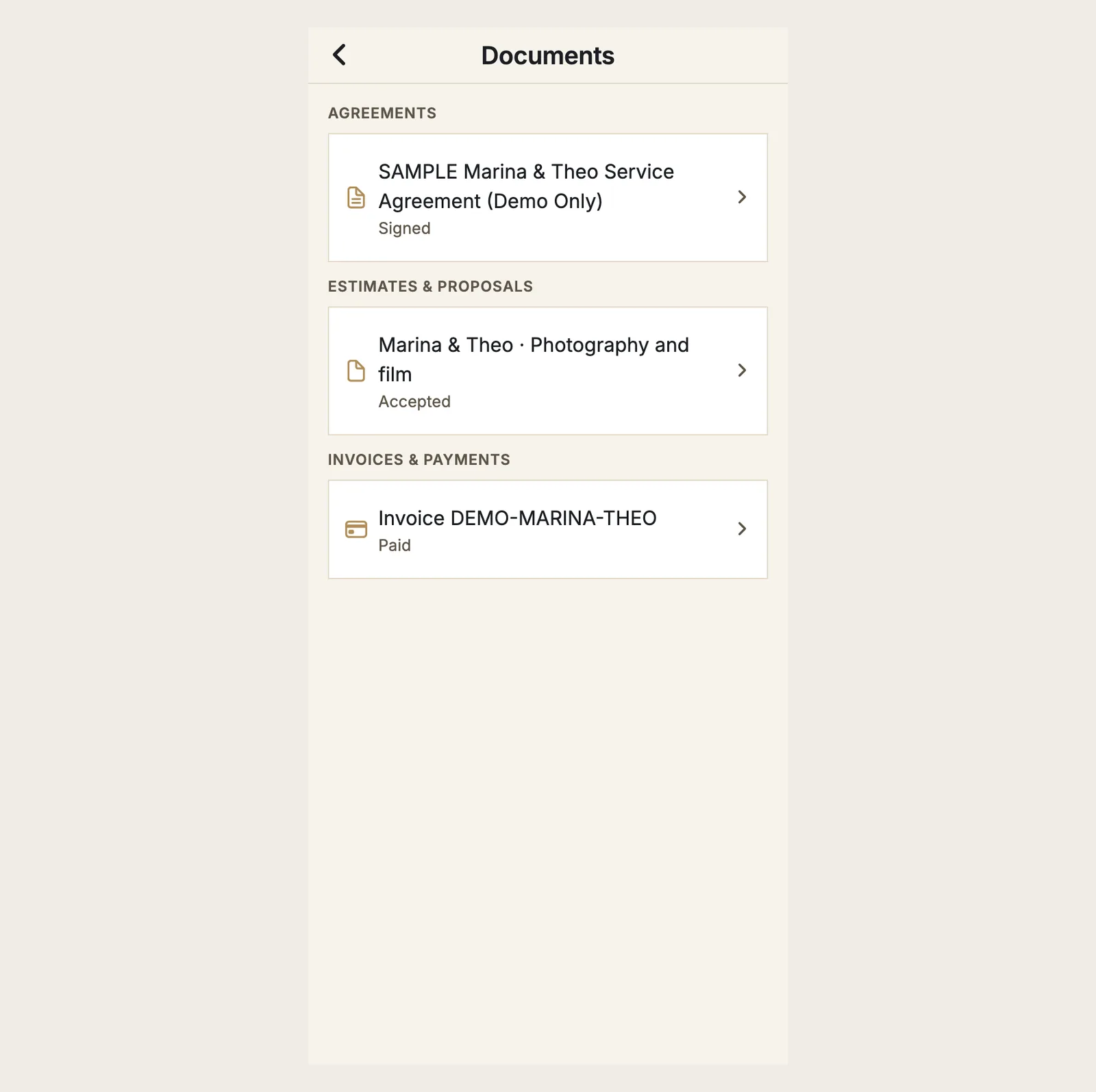 The Documents screen listing an agreement, an estimate and an invoice with their statuses