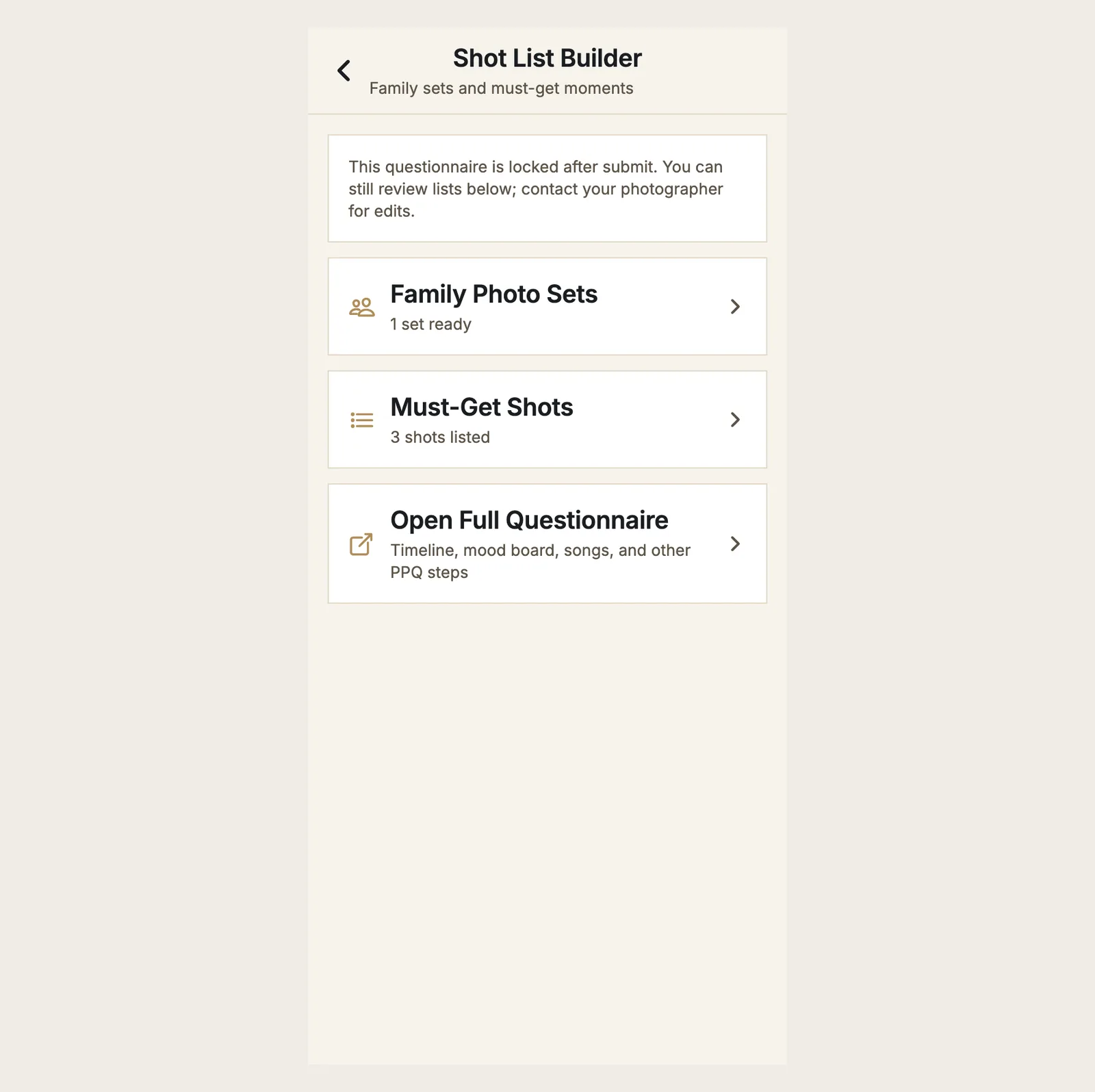 The Shot List Builder screen with Family Photo Sets, Must-Get Shots and Open Full Questionnaire
