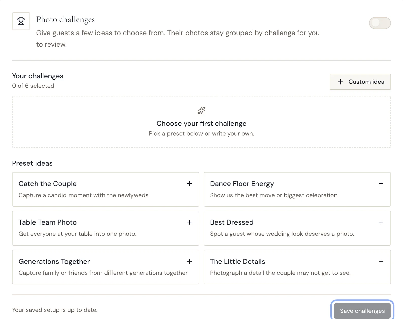 The Photo challenges section of the Event page showing preset ideas and a Save challenges button