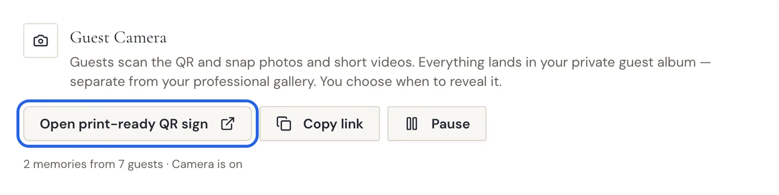 The Guest Camera section of the Event page with Open print-ready QR sign and Copy link buttons highlighted