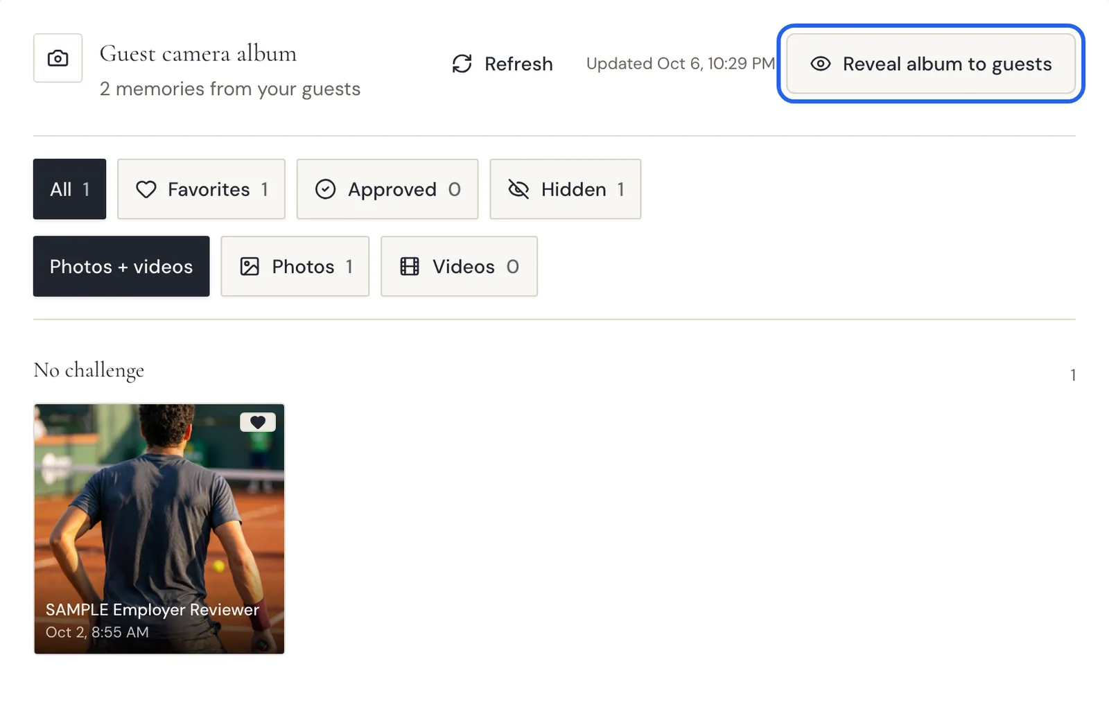 The Guest camera album view with filter options like All, Favorites, Approved, Hidden, Photos and Videos
