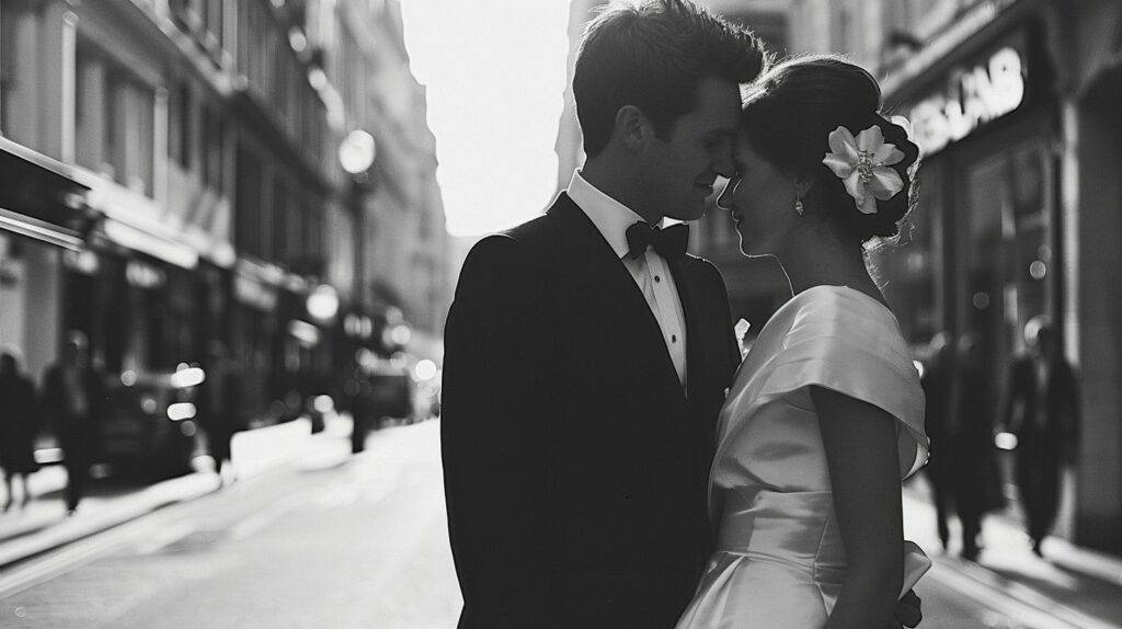 A bride and groom share a quiet moment on a city street.