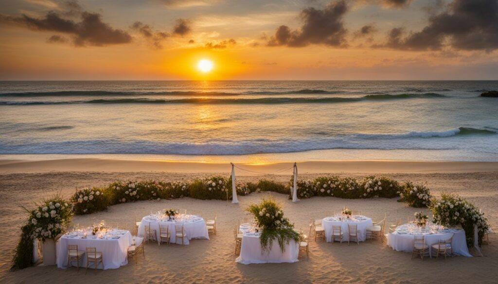 A beautiful beach wedding setup at sunset with a bustling atmosphere and diverse faces.