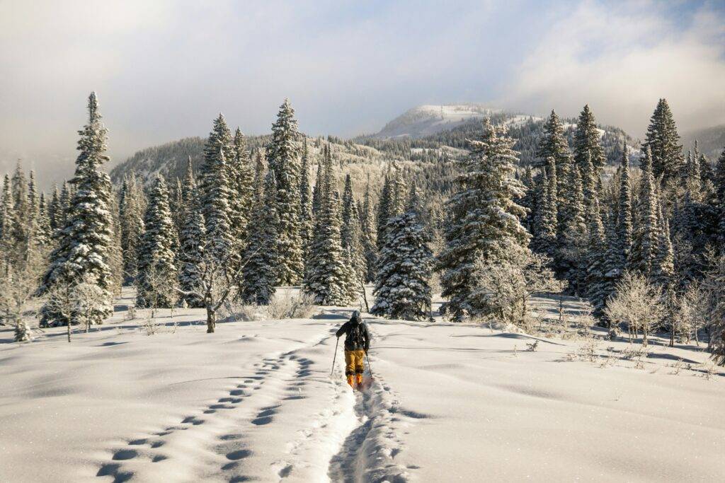 hiker in Steamboat Springs trucking through snow with mountains in the background.