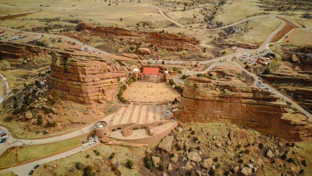 Aerial view of Red Rocks Amphitheater