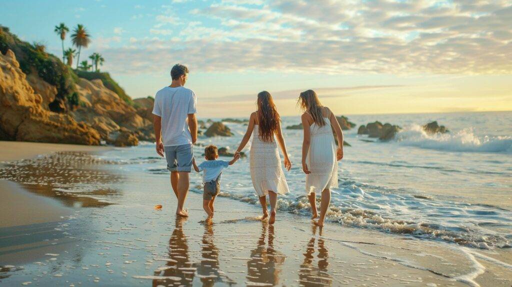 A family in matching beach attire walking along the shoreline.