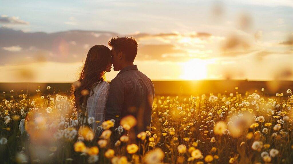 A couple posing in a flowery field at sunset, captured in a landscape photograph.