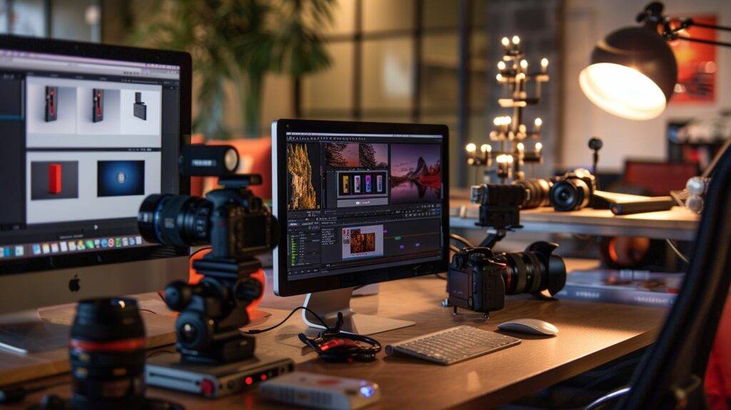 A lineup of top five video cameras and professional filmmaking accessories for product photography on a modern desk.