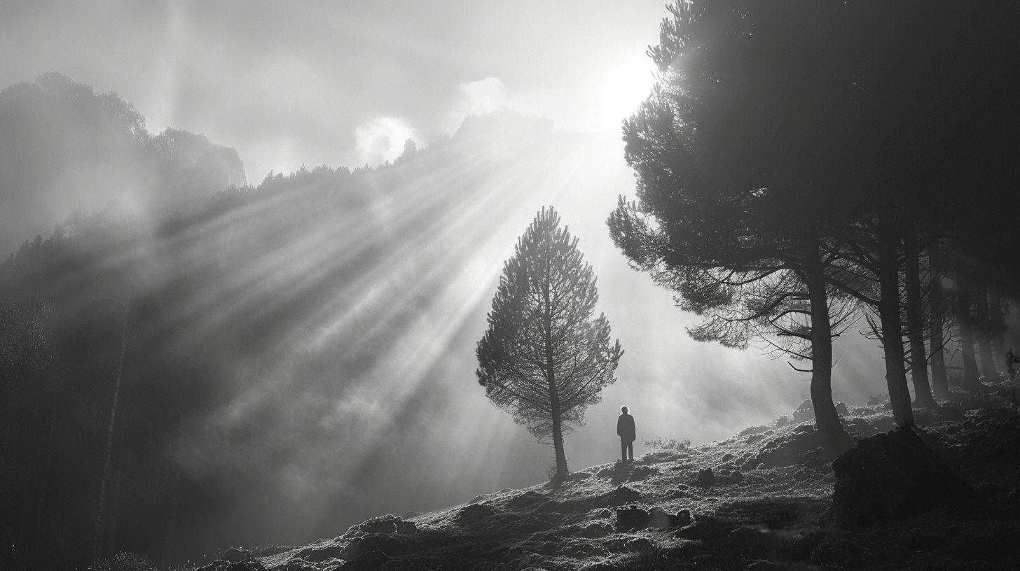 A black and white photo of a person standing alone in a misty forest.