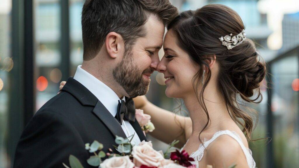 A stylish bride and groom share a candid moment in an urban city setting.