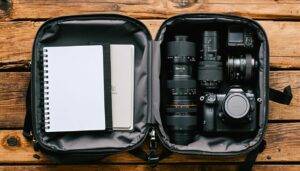 A professional wedding photographer's camera bag with essential components for capturing special moments at weddings.