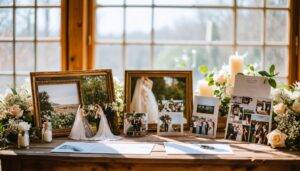 A sample display of wedding photography packages and pricing on a wooden table.