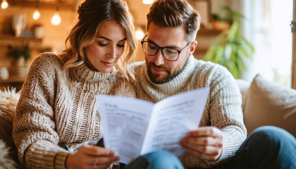 A couple reviewing wedding photography packages in a warm and inviting living room setting.