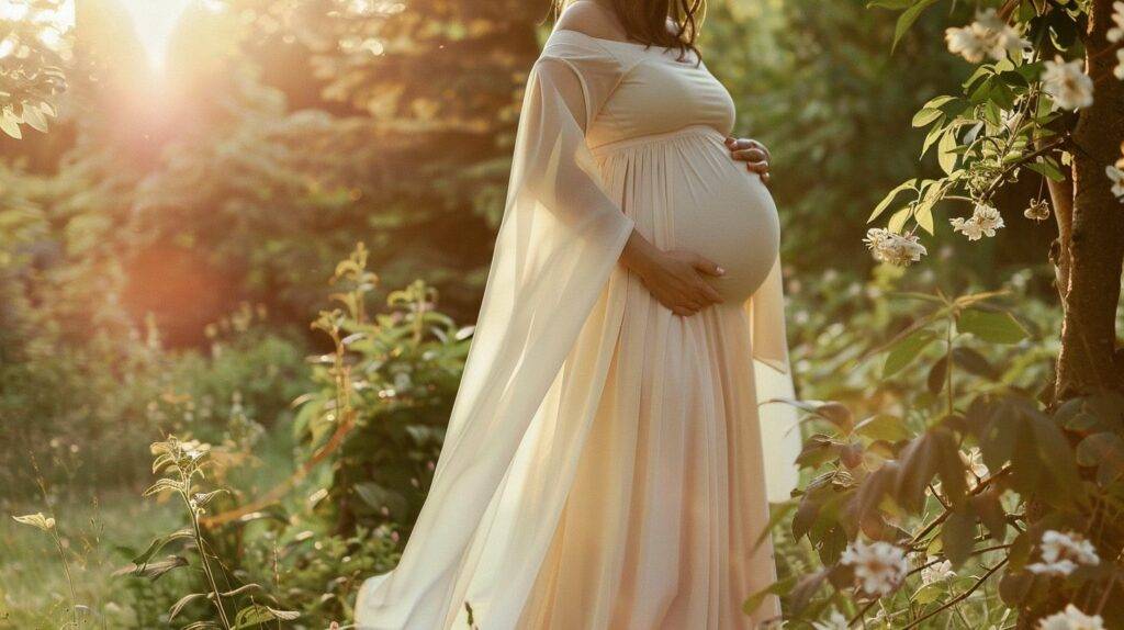 A maternity gown hanging on a blooming flower bush in a lush woodland setting.