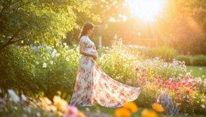 A pregnant woman in a floral dress poses in a beautiful garden.