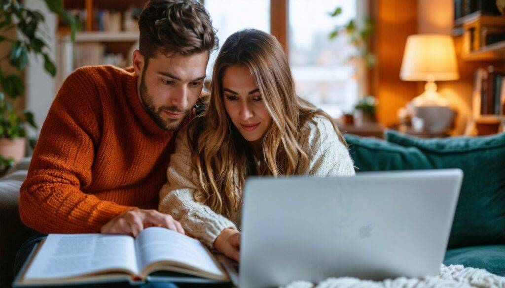 A couple in their late 20s researching wedding photographer packages in their living room.