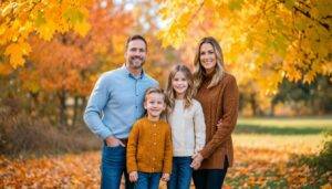 A family of four poses in coordinated outfits in a park with autumn foliage.