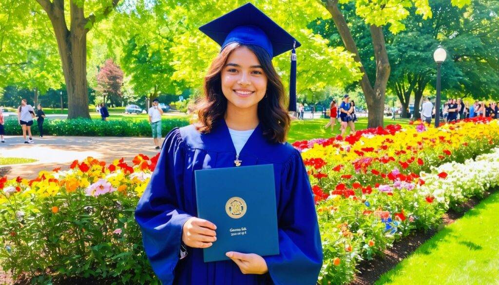 A proud graduate in cap and gown holding diploma in a sunny park.