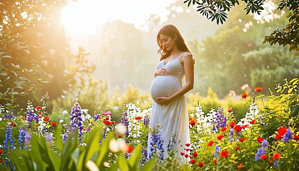 A beautiful outdoor maternity photoshoot in a blooming garden with colorful flowers and greenery.