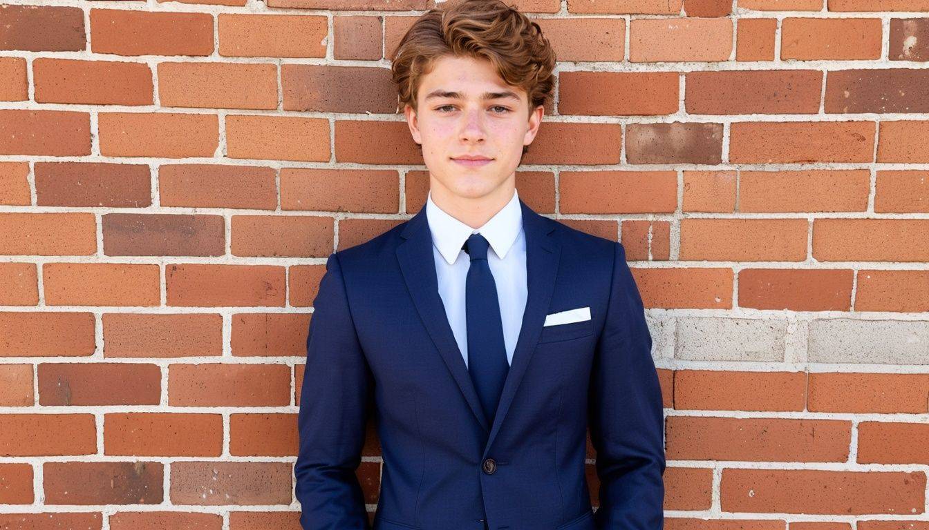 A teenage guy in a classic suit poses confidently for a vintage senior picture.