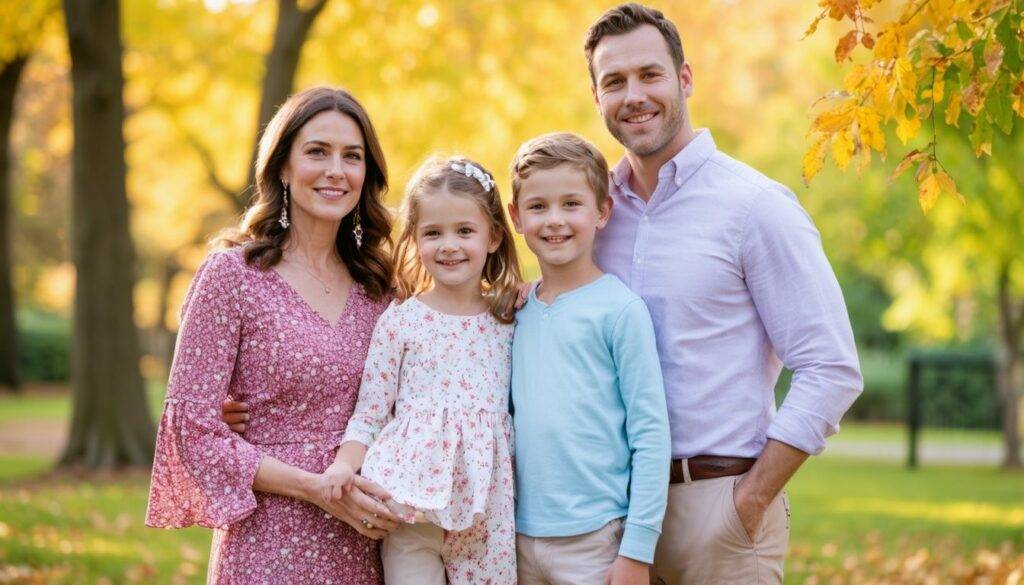 A family of four poses in coordinating outfits for a photo in a park.