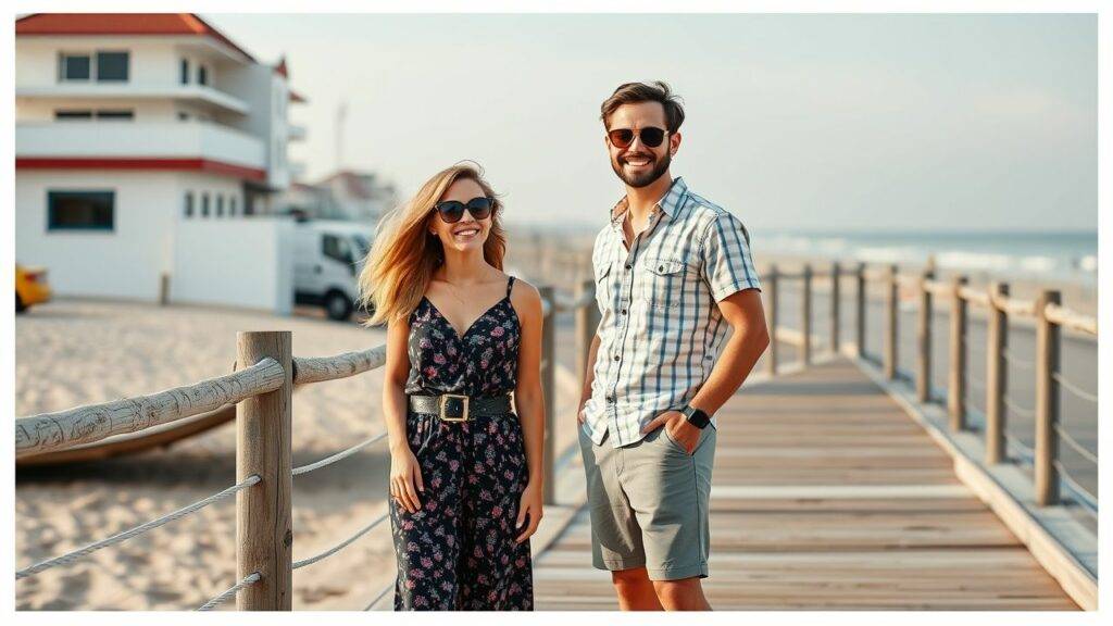 A couple in their 30s poses in coordinated casual beach outfits at a boardwalk.