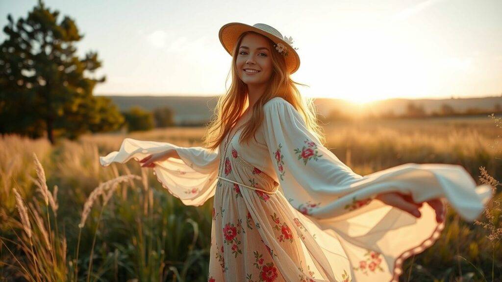 A bohemian-style photoshoot in a natural outdoor setting with a young woman in flowy clothing.