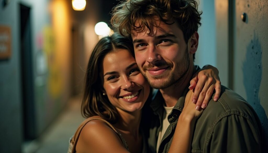 A casual photo of a young couple hugging in a dimly lit urban alleyway.