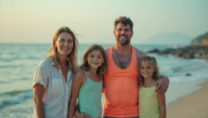 A family of four, including two parents and their two children, is enjoying a casual outing at the beach.