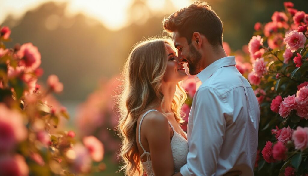 A couple enjoys a romantic moment surrounded by blooming flowers in an outdoor setting.