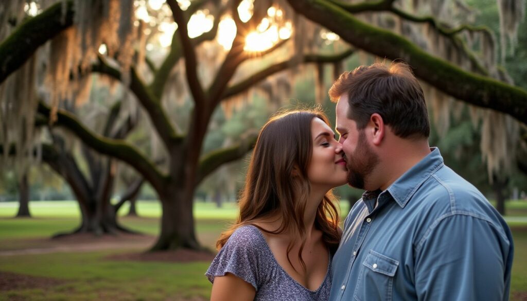 A couple in their mid-30s share a kiss in a park during sunset.