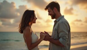 A couple in their late twenties exchanging vows on a beach in Florida at sunset.