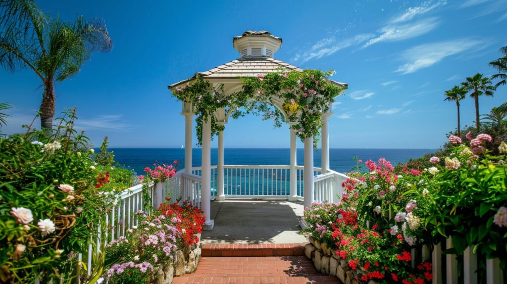 A beautiful oceanfront wedding gazebo with blooming flowers and lush greenery.