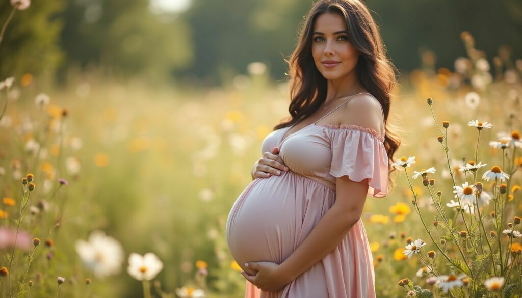 A mid-30s pregnant woman in a pastel maternity gown stands in a field of wildflowers.