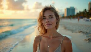 A woman in her 30s stands on Miami beach during sunset.