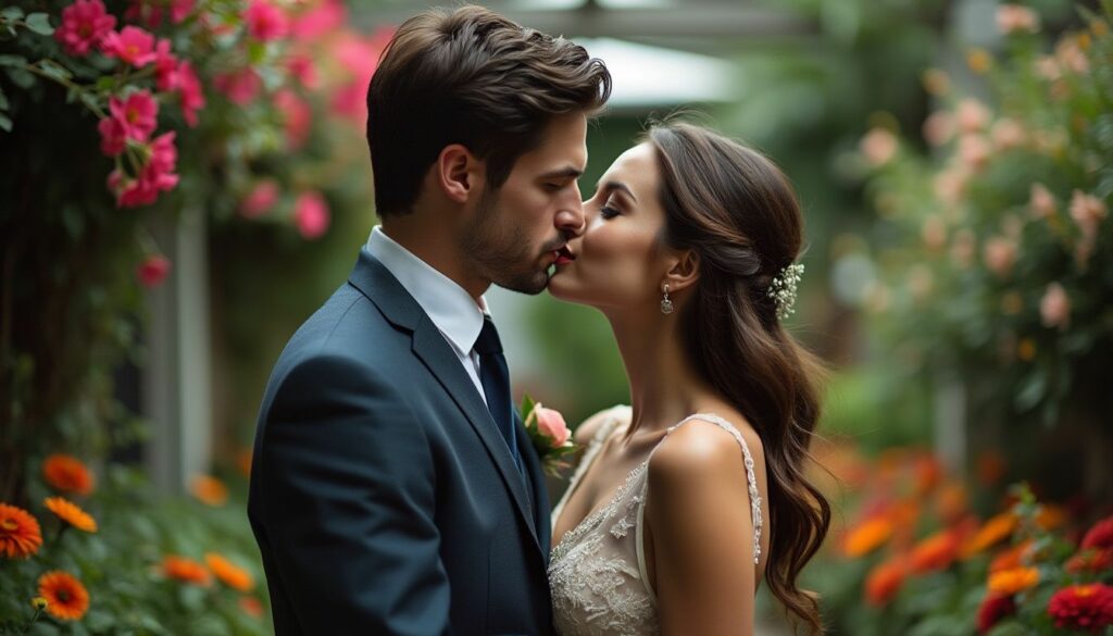 A couple in formal attire sharing a kiss in a secluded garden in Orlando.