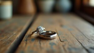 A close-up photo of a beautifully designed engagement ring on a wooden table.