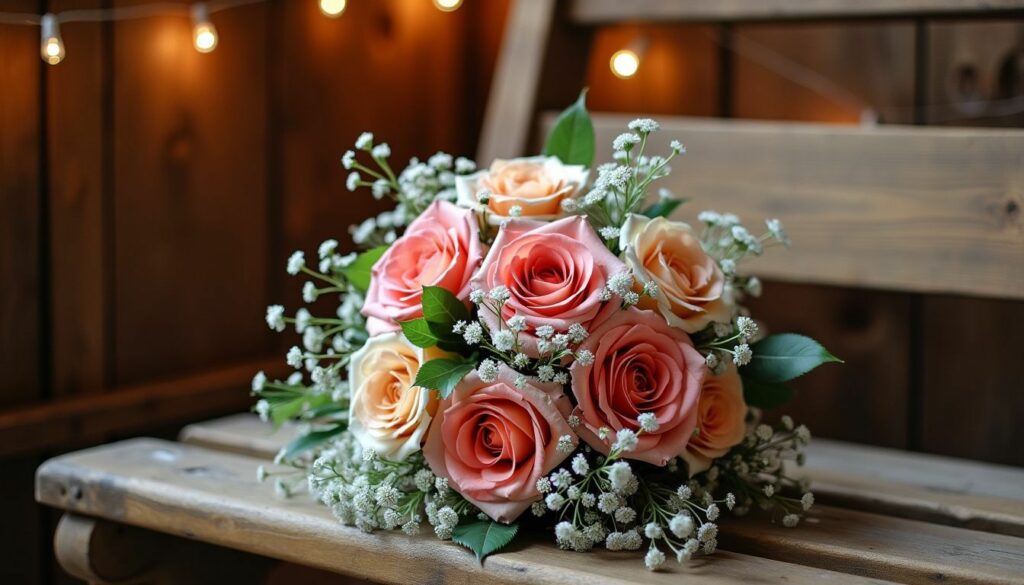 A bridal bouquet of bright roses and baby's breath on a rustic barn bench.