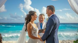 A couple exchanging vows on a scenic beach at Panama Jack Cancun captured by Seascape Photography.