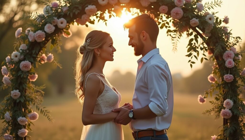 A couple exchanging wedding vows under a simple flower-decorated arch outdoors.