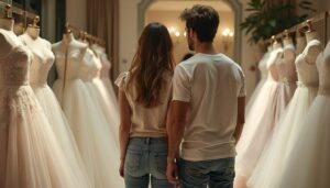 A couple in their late 20s is browsing through wedding gowns in a luxury bridal boutique in Miami.