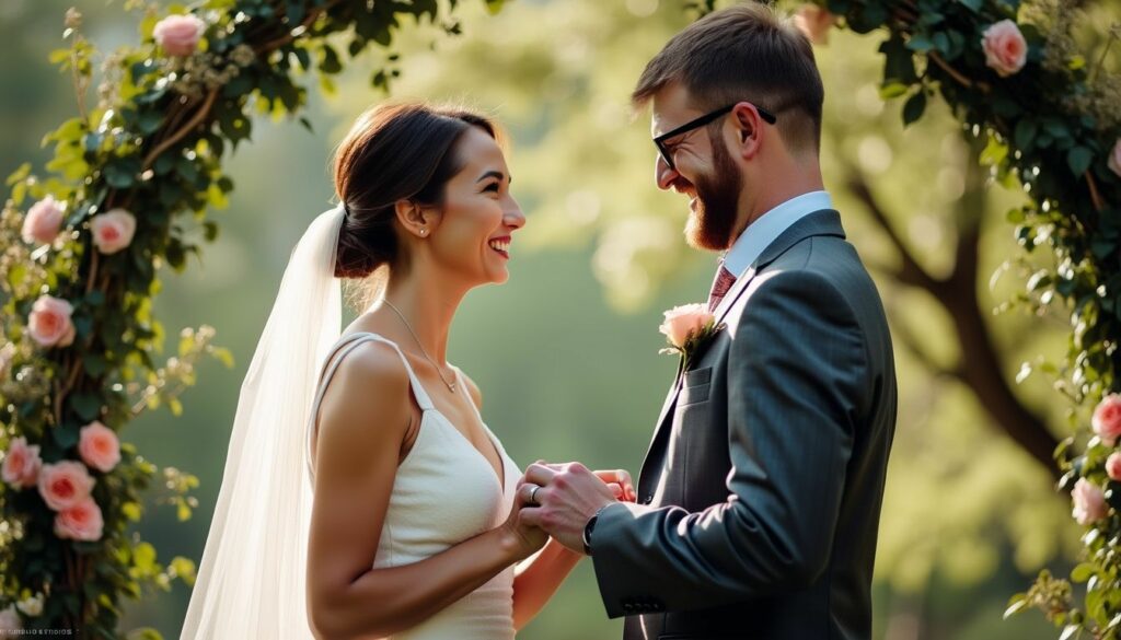 A couple exchanging vows beneath a floral archway in a casual outdoor ceremony.