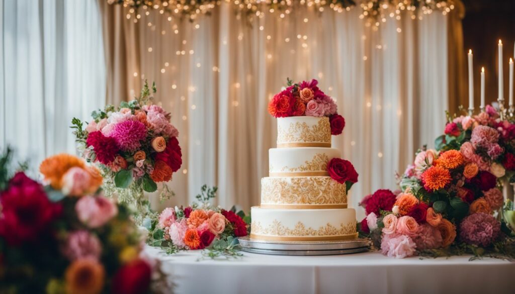 A beautifully decorated wedding cake surrounded by colorful flower arrangements, capturing the bustling atmosphere of a wedding celebration.