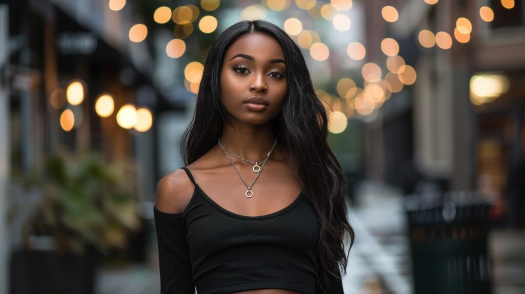 A confident model poses in an urban street for full body portrait photography using a prime lens.