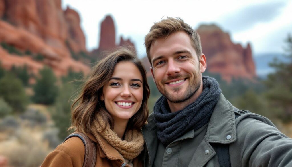 A young couple poses in front of red rock formations at Denver Botanic Gardens, enjoying nature.