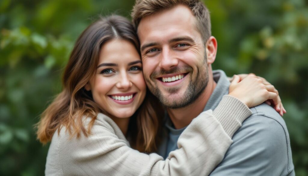 A man and woman in their mid-30s share a warm embrace in a natural outdoor setting.