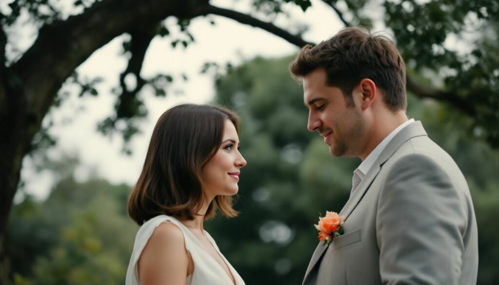 A couple in their late 20s exchange wedding vows under a tree in a casual outdoor setting.