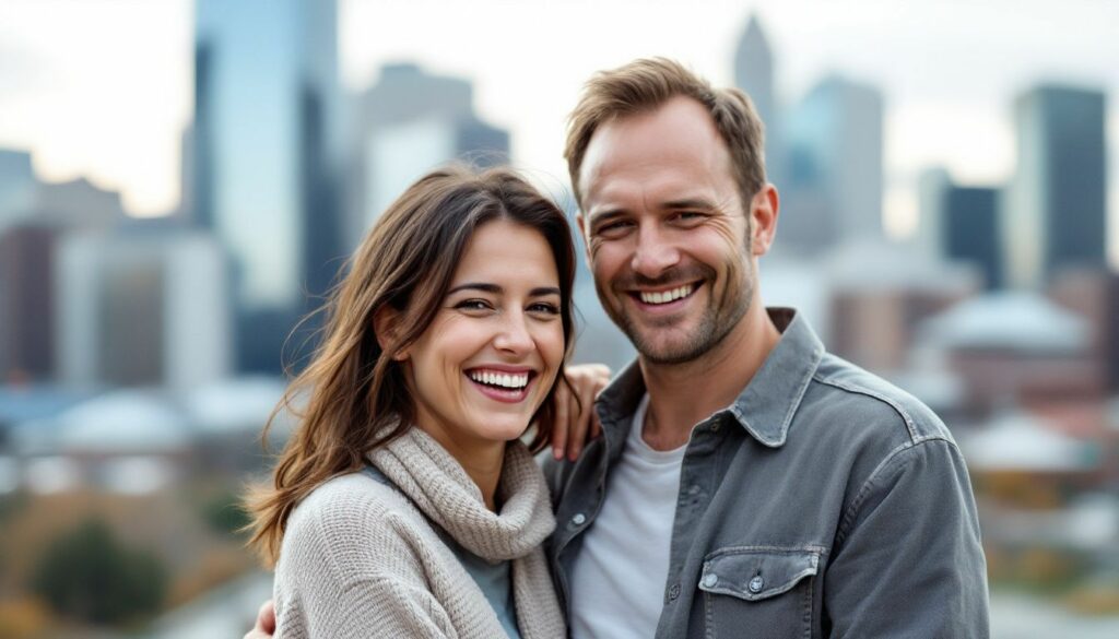 A couple in their 30s is happily embracing in front of the Denver skyline.