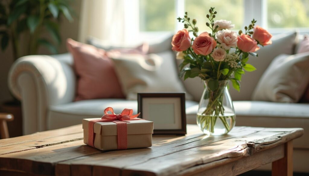 A cozy living room with a rustic coffee table adorned with gift box, photo frame, and fresh flowers.